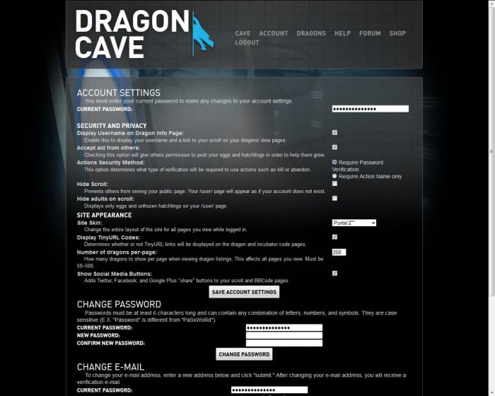 After making an account on Dragon Cave, you can customize your account options to your own liking.