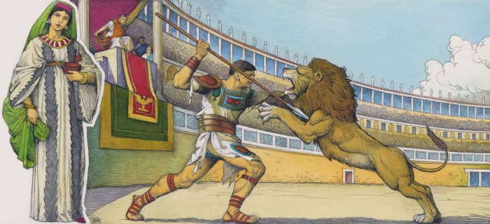 Woman of the catacombs, 1st century AD; gladiator fighting with a lion in the Colosseum, 3th century AD, drawing taken from mosaics at Villa Borghese in Rome, Italy, Roman civilization