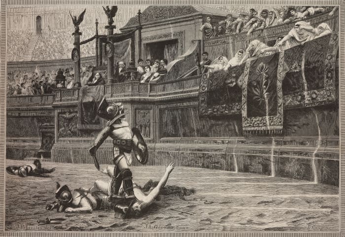 Thumbs down, from a painting by Jean-Leon Gerome (1824-1904), illustration from Nuova illustrazione Universale, Year 1, Vol II, No 39, August 9, 1874