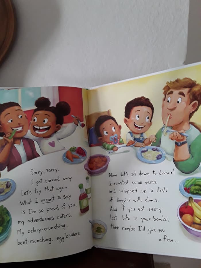 Everyone finally sits down to eat a healthy dinner with a promise of a surprise reward
