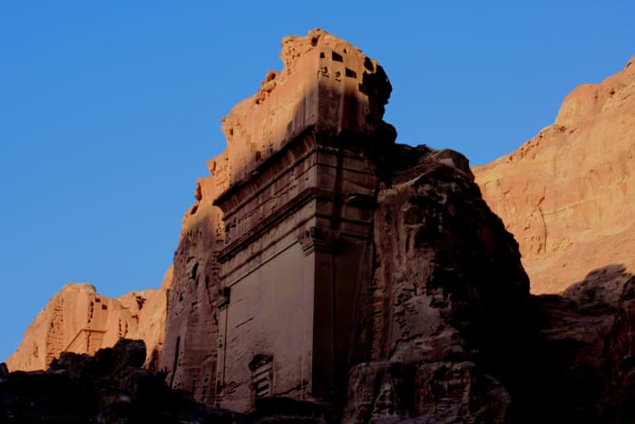 Late afternoon is a good time to be in Petra, for the way the light shines on the rock faces. This is the 'Aneisho' Tomb - so-called after a Nabataean whose name was found inscribed on a rock fragment found nearby.