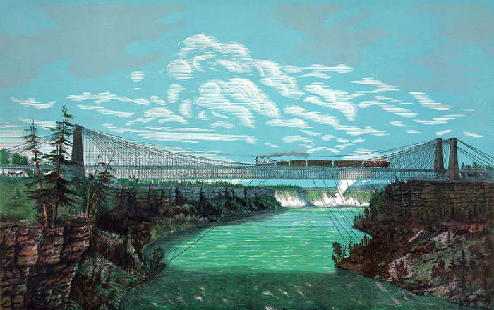 A hand-colored lithograph of Niagara Falls Suspension Bridge with the Falls in the background (1876).