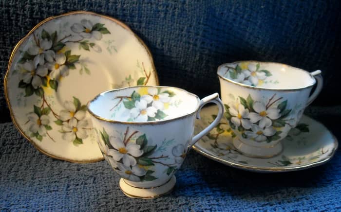 "White Dogwood" pattern cups and saucers, English bone china purchased at Niagara Falls, Canada. One for Mom, one for me.