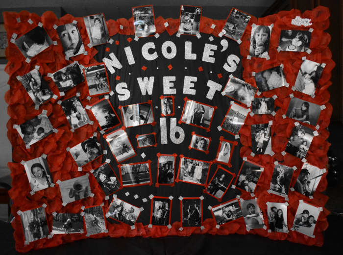 This was made with a foam board, rose petals and lots of hot glue. I put this in the entryway on a decorated easel next to the guest book table.
