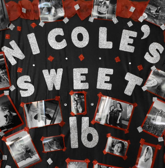 I think i got the glitter lettering at the dollar store but I cant remember. I did get the glitter tape at the dollar store. I cut it out into diamonds and stuck the pictures to the board. I also added some rhinestones here and there.