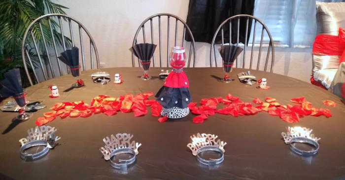 Happy birthday crowns, bubbles and cups were all from the dollar store. I added red rhinestones and curling ribbon to all of the cups and bubbles.