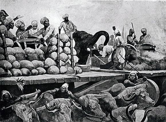 Siraj-ud-Daulah’s army and guns on wooden trucks pulled and pushed by oxen and elephants respectively, at the Battle of Plassey on 23rd June 1757.