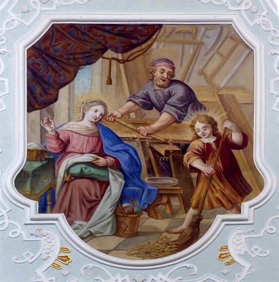 This fresco reveals how members of the Holy Family inspired each other with diligence. Kloster Vornbach, Bavaria.