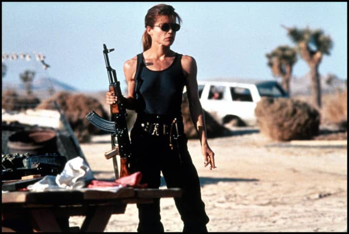 Linda Hamilton prepares to kick some serious cyborg ass in the pioneering sci-fi thriller 'Terminator 2: Judgment Day'.