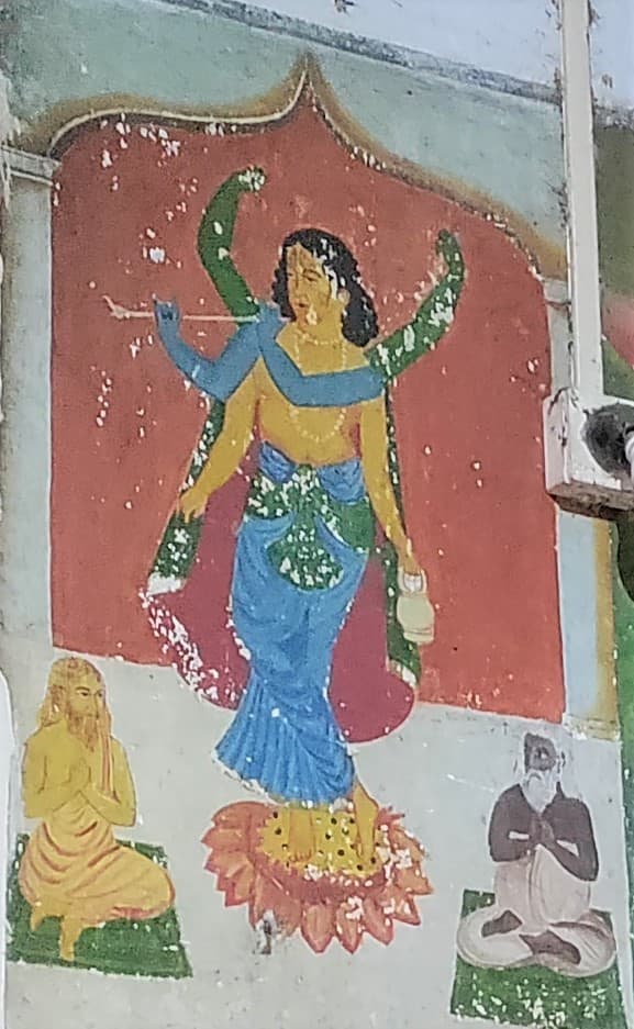 Shadbhuja Gauranga, painting; Kalleshwar temple, Birbhum. There are 2 persons accompanying Shadbbhuja Gauranga.