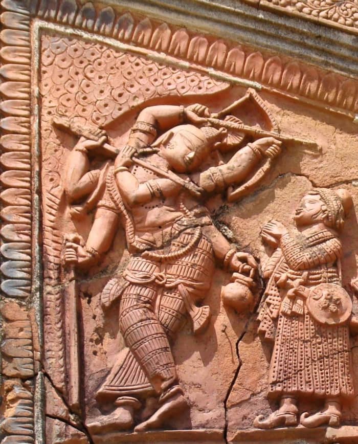 Shadbhuj Gauranga; Radha Damodar temple, Hadal-Narayanpur. The Danda is in right lower hand and the Kamandalu in left lower hand. The accompanying person in royal dress is in all probability King Pratap Rudra