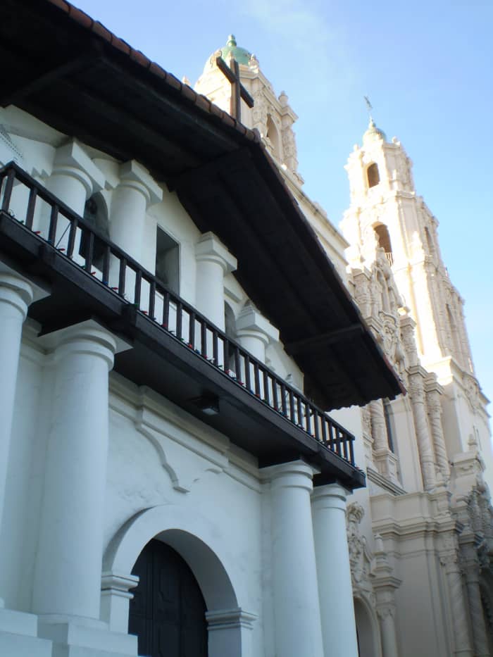 Mission Dolores, the oldest building in San Francisco, with the newer basilica (c. 1918) to the right.