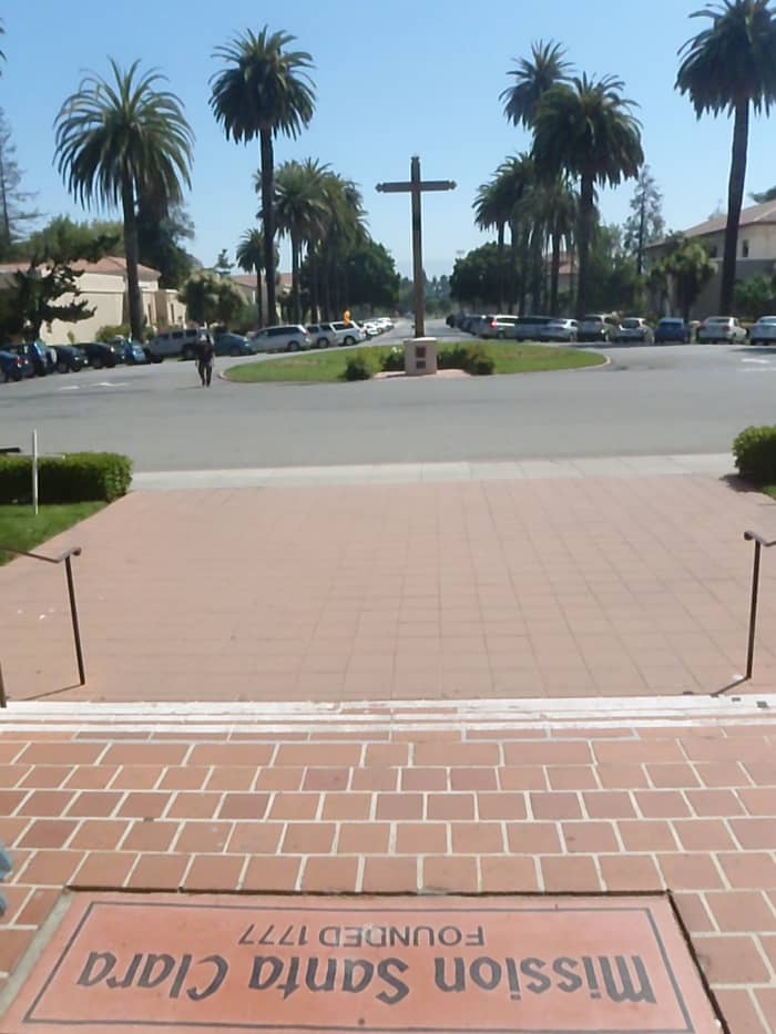Looking out at the c. 1777 cross in front of Mission Santa Clara, Santa Clara, California.