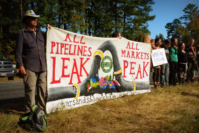 Tar Sands Blockade banner near construction for the Keystone XL pipeline in Winnsboro, Texas; October 2012.
