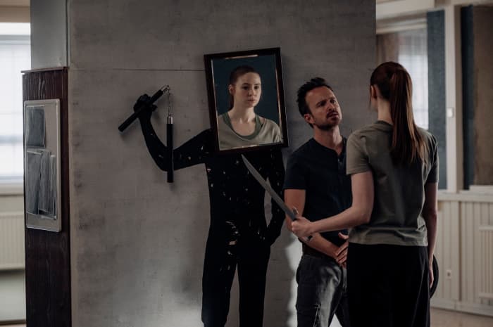 Trent (Aaron Paul) trains Sarah (Karen Gillan) for her upcoming battle against herself in "Dual."