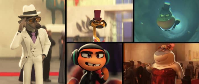 Mr. Wolf (Sam Rockwell), Mr. Snake (Marc Maron), Mr. Piranha (Anthony Ramos), Ms. Tarantula (Awkwafina), and Mr. Shark (Craig Robinson) in "The Bad Guys."