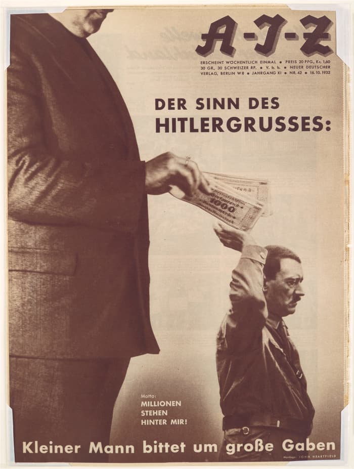 John Heartfield: 'The Meaning of the Hitler Salute. The Little Man Asks for Big Gifts. Millions Stand Behind Me' 1932