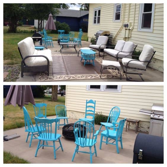 PATIO REMODEL: chairs painted them blue. Each was $5-$10 from thrift. Put them around fire pit, old patio cushions and cover them with painters tarp with safety pins. Easy!