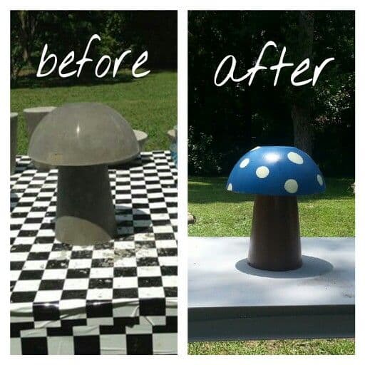 Concrete mushroom made from plastic dollar store cups and bowls. Let them dry for a few days, then paint.
