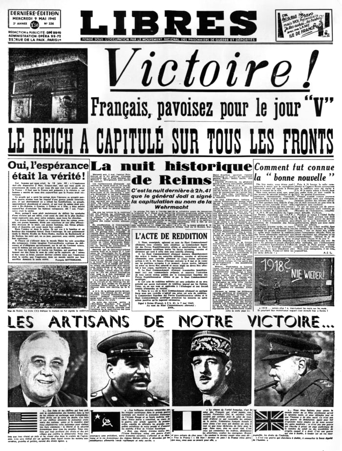 The end of World War II in Europe, with photographs of the architects of the Allied victory, Roosevelt, Stalin, de Gaulle and Churchill.