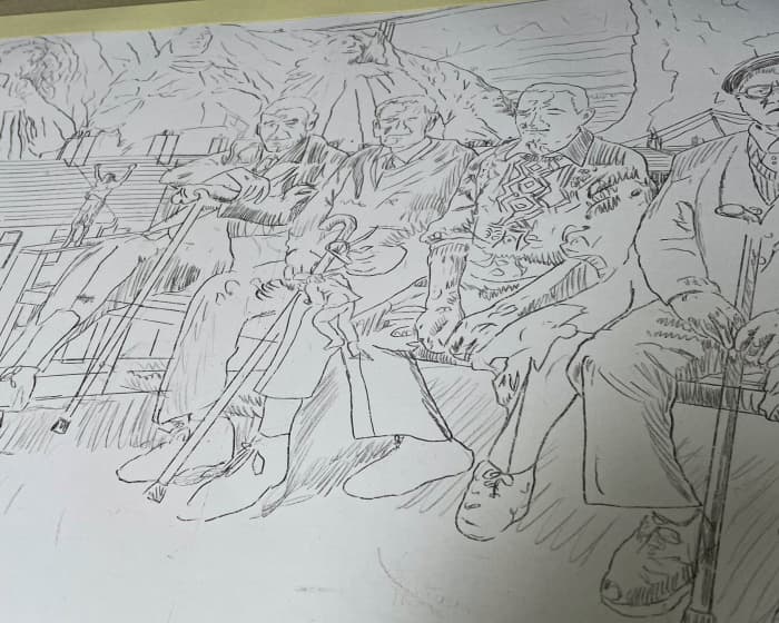 Underdrawing via graphite transfer on an A2 sheet of Bristol board - "Old Giants Resting" by David W. J. Lloyd.