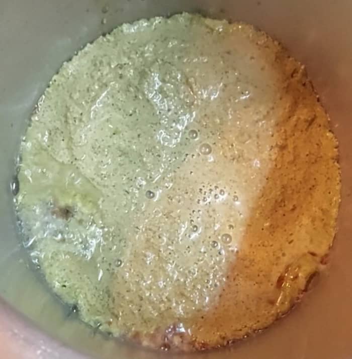 Add ground paste and 1/2 cup of water. Saute for 3 minutes or until the raw smell of mint leaves dissipates.