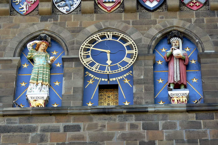 Clock tower of Cardiff Castle (1869) with Venus, goddess of love and fertility, and Mercury, god of commerce and communication.