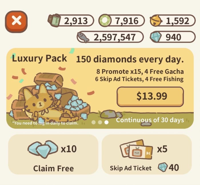 Don't forget to collect 10 free Diamonds every day! Diamonds can be used to buy other currency (cod, film, or bells) or buy Skip Ad Tickets!