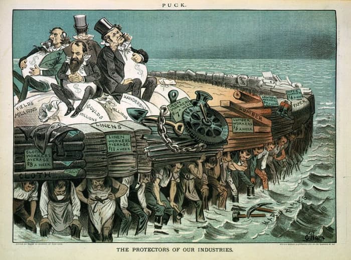 Industrialists Jay Gould, Cornelius Vanderbilt, Cyrus Field, and Russell Sage sit aboard their wealth made possible by underpaid workers.