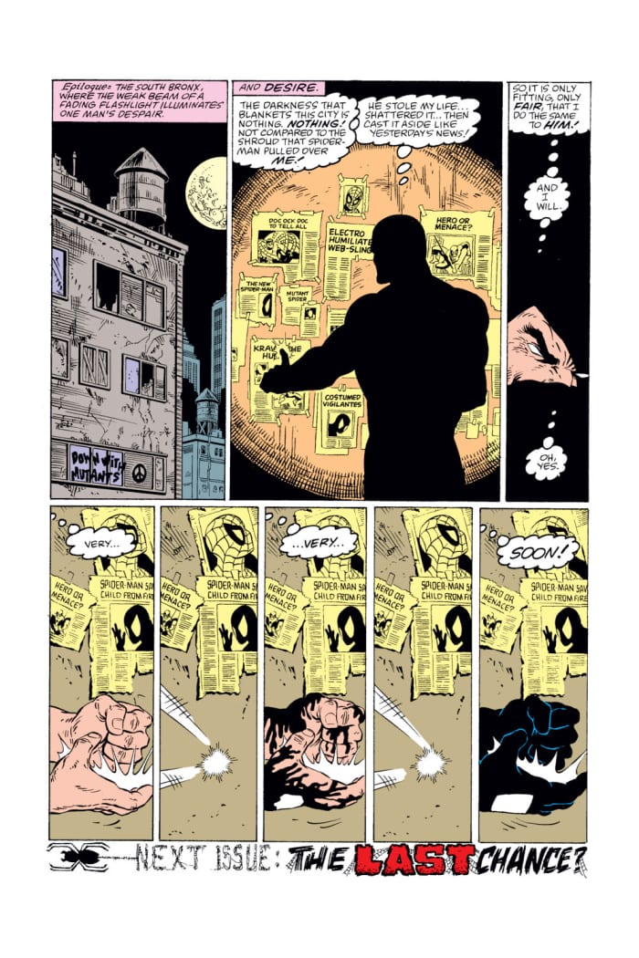 Last page from Amazing Spider-Man #298. Art by Todd McFarlane, Bob McLeod, Janet Jackson, Rick Parker and Ken Lopez
