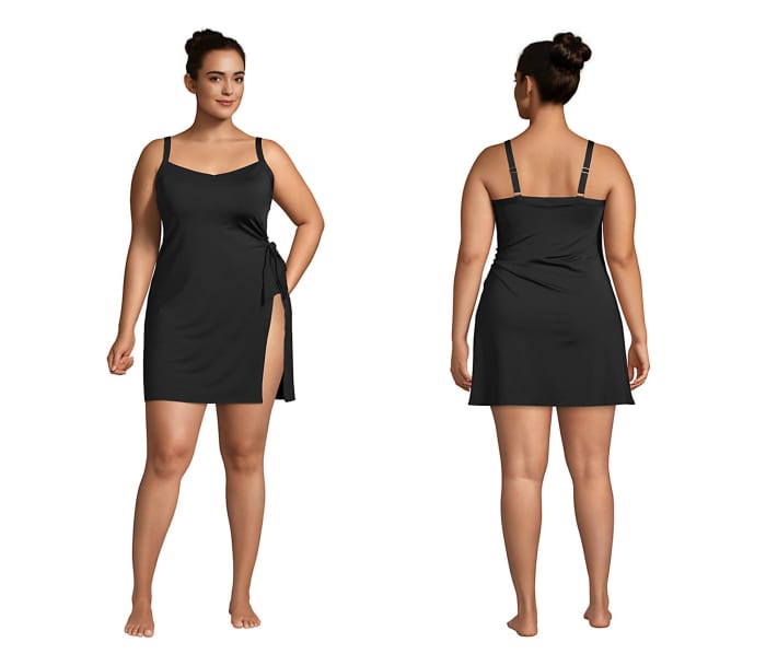 This sleek swim dress has an attractive split-skirt overlay with just the right coverage over a one-piece swimsuit. 