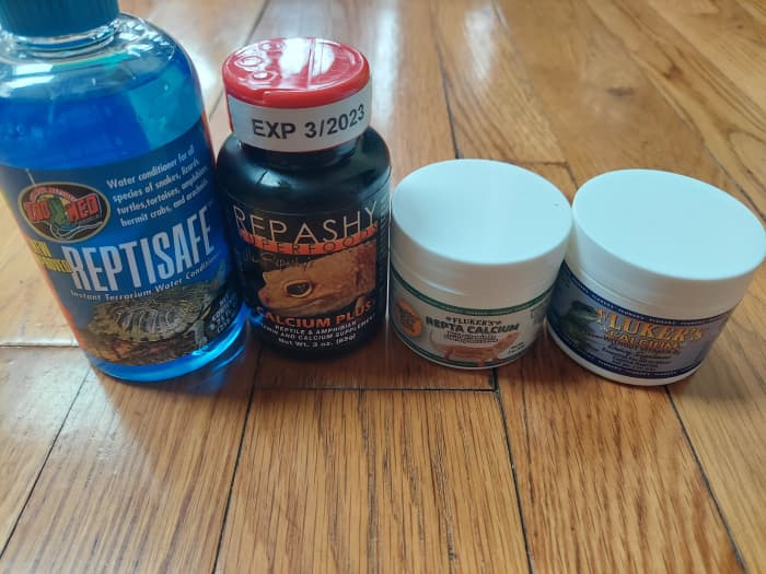 Water conditioner, vitamins, and calcium powder are all important for a leopard gecko's health and wellness.