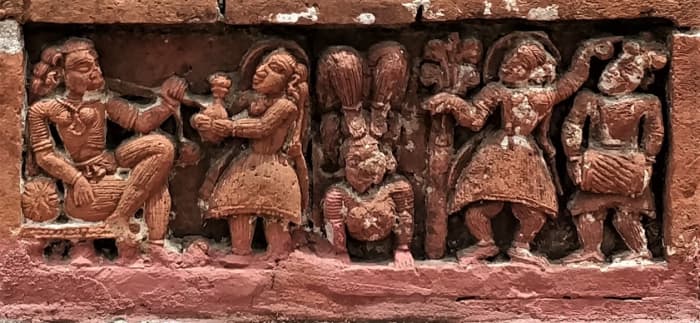 Hookah-Bardar, acrobat and dancer in front of a rich lady; terracotta; Raghabeshwar temple; Dignagar; Nadia