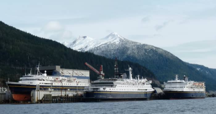 These three ferries at Ketchikan, Alaska, are docked at the Ketchikan Shipyard for upgrades and repairs. They are large enough to accomodate all vehicles.
