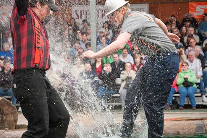 A log-rolling event (part of the Great Alaska Lumberjack Show) in Ketchikan, Alaska. This show is located just one block from where the cruise ships dock.