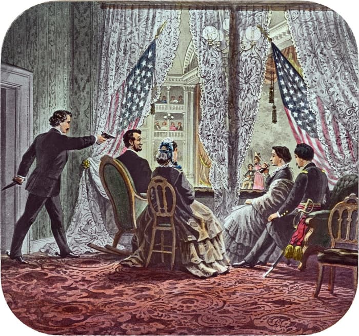 4"x3" slide depicting John Wilkes Booth leaning forward to shoot President Abraham Lincoln as he watches Our American Cousin at Ford's Theater in Washington, D.C. 14 April 1865.