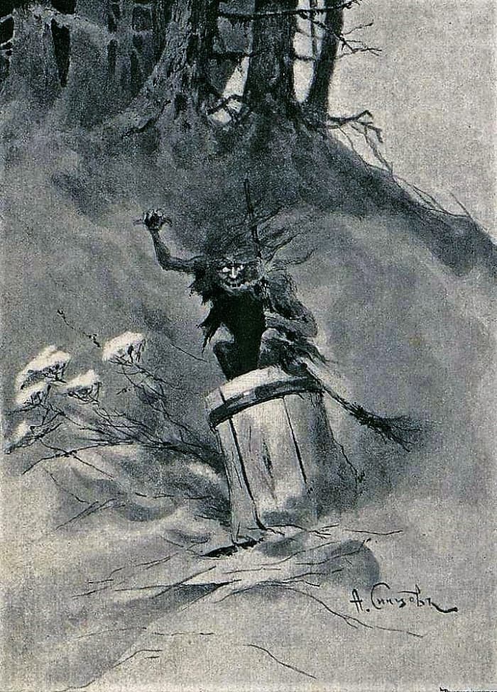 Baba Yaga is a witch who flies on a floating mortar and pestle. Not a completely negative figure in Slavic folklore, the hag is reminiscent of the witch of Hansel and Gretel.