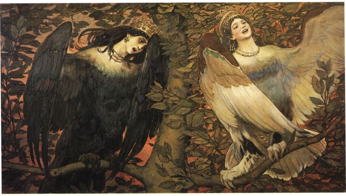 The Alkonost is a siren who brings joy to her hearers instead of death. The hatching of her eggs may create incredible thunderstorms.