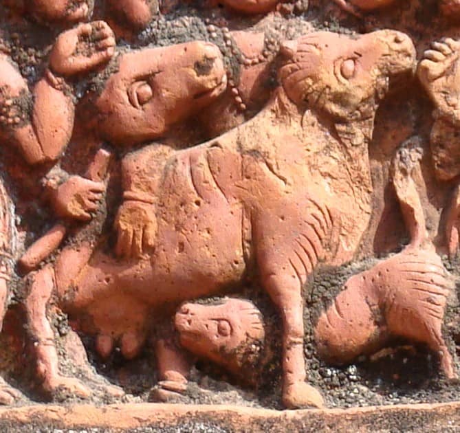 Cow and calf from "Gostha Leela" scene; terracotta ; Lakshmi Janardan temple; Debipur, Purva Bardhaman