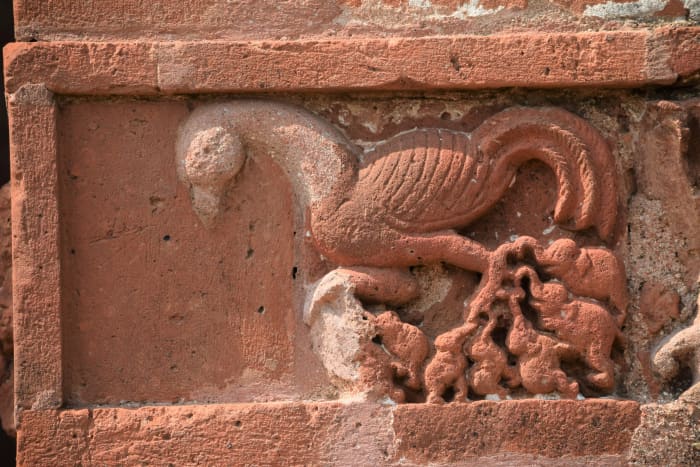 An imaginary bird carrying elephants in its talons; terracotta; "Rock bird" or "Singha Pakshi"; Jorbangla temple, Vishnupur