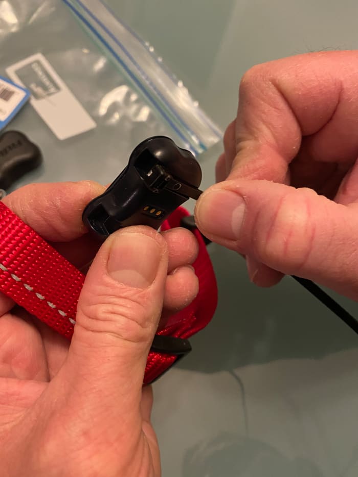 My husband using the provided zap-straps to secure our FitBark 2 device to this stunning red collar. Of note, you will have to remove the outer cover to attach the FitBark device to the collar. That is why you see 3 copper dots here.
