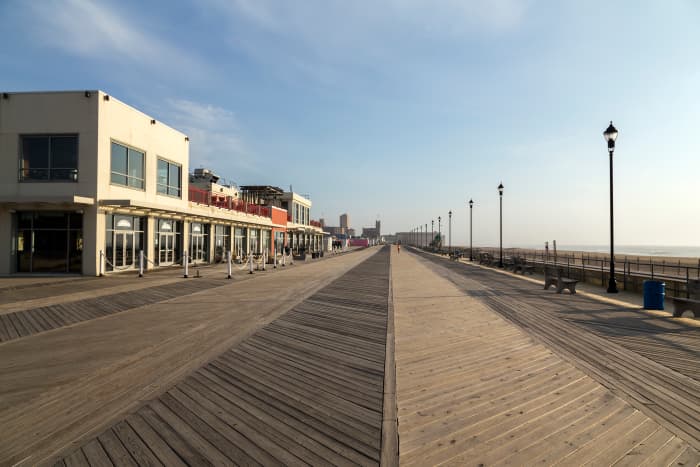 The Asbury Park Boardwalk looking north from the Casino to the Convention Center in the early morning, Asbury Park, New Jersey, USA.