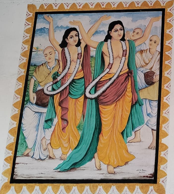 Mural in temple decoration : Shri Chaitanya deva with Nityananda; Nrisinghadeva temple; Gokarna, district Murshidabad