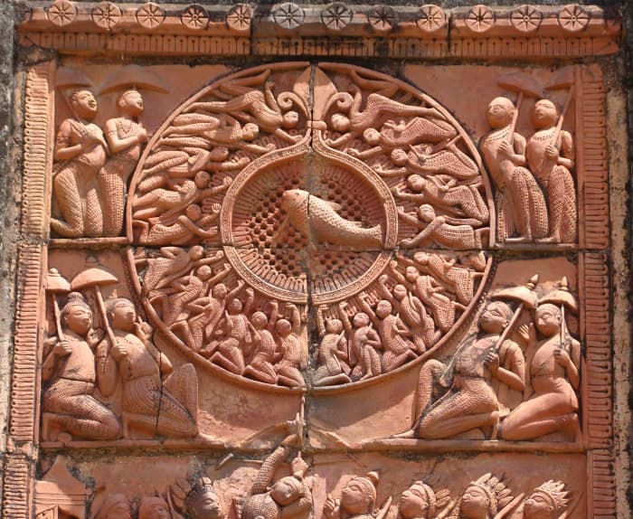 Scdene from the Mahabharata : Arjuna shooting a fish through the central hole of a wheel/disc; terracotta; Vishnu temple; Hadal-Narayanpur, Bankura