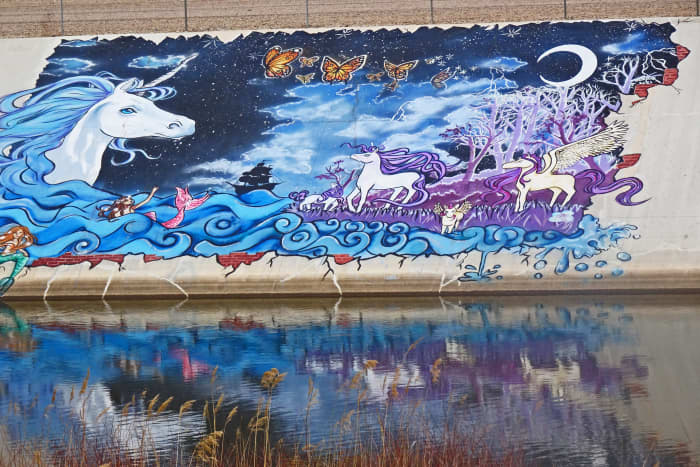This unicorn mural on the Pueblo Levee Mural Project is reflected in the waters of the Arkansas River in Colorado.