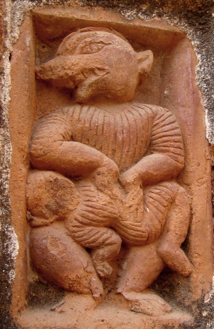 2-armed Nrisingha Deva without "Ayudha' killing Hiranyakashipu; terracotta; Shiva temple; Ajodhya; Paschim Bardhaman