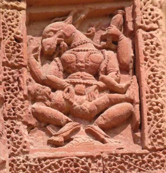 4-armed Nrisingha Deva with Chakra and Shankha in upper hands and with lower hands killing Hiranyakashipu' terracotta; Raghunath temple; Ghurisha, Birbhum