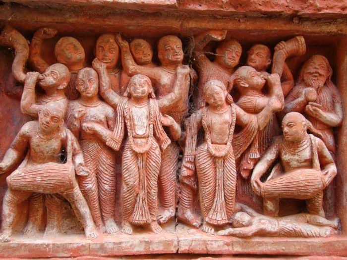 Sri Chaitanya Mahaprabhu with his followers in "Sankirtana"; terracotta; Gopinath temple; Dasghara, Hooghly