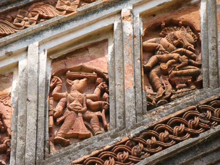 Portion of Dasavatar Panel showing Nrisingha and Varaha Avatar; terracotta; Charbangla temple; Baronagar, Murshidabad