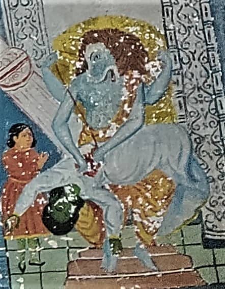 Nrisingha Deva killing Hiranyakashipu while Prahlada is standing by the side; painting; Kalleshwar temple; Kalleshwar, Birbhum